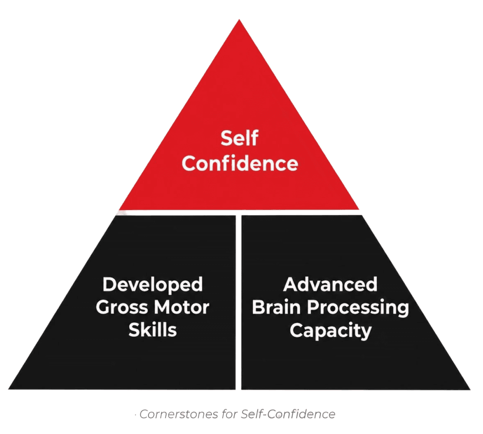 Pyramid diagram: Self Confidence sits above Developed Gross Motor Skills and Advanced Brain Processing Capacity, the cornerstones for self-confidence.